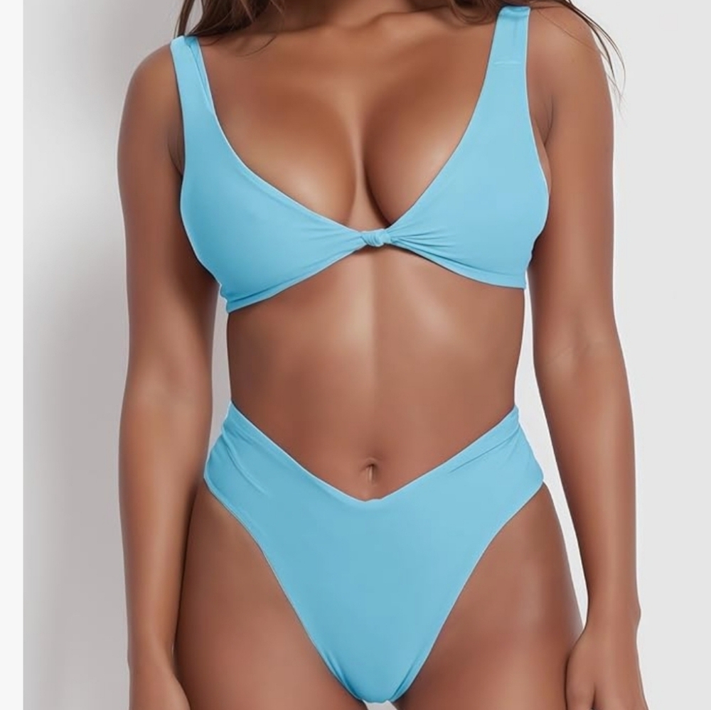 ⏳️💰geluboao Bikini Set for Women Solid V Neck Knot Front Push Up High Leg